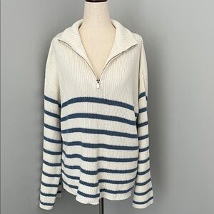 Edikted Cream and Blue Striped Half-Zip V-Neck Sweater